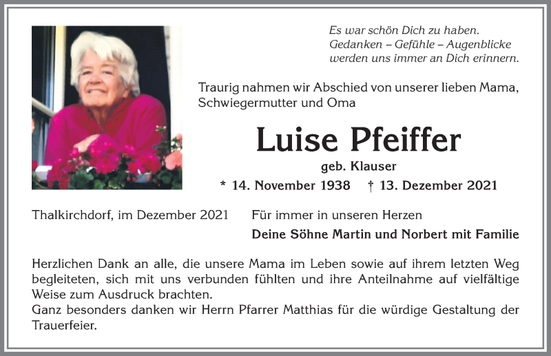 Traueranzeige von Luise Pfeiffer von Allgäuer Anzeigeblatt