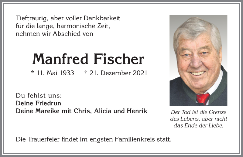  Traueranzeige für Manfred Fischer vom 27.12.2021 aus Allgäuer Zeitung,Kempten