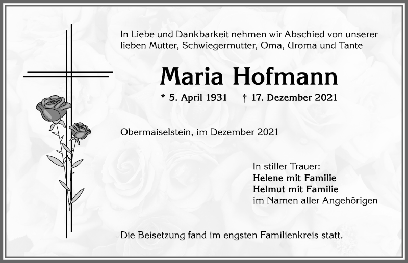 Traueranzeige von Maria Hofmann von Allgäuer Anzeigeblatt