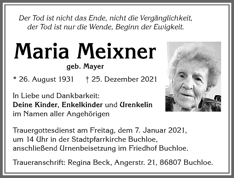 Traueranzeige von Maria Meixner von Allgäuer Zeitung, Kaufbeuren/Buchloe