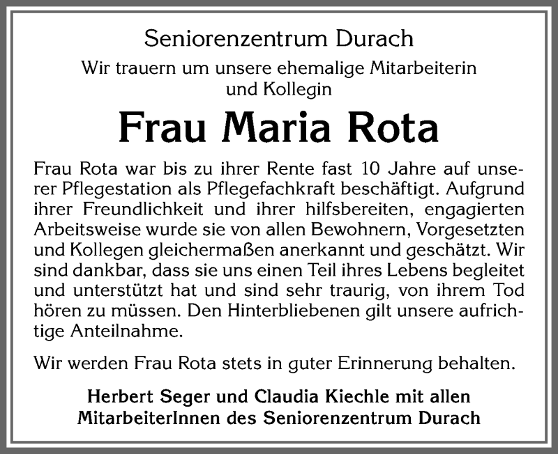 Traueranzeige von Maria Rota von Allgäuer Zeitung,Kempten