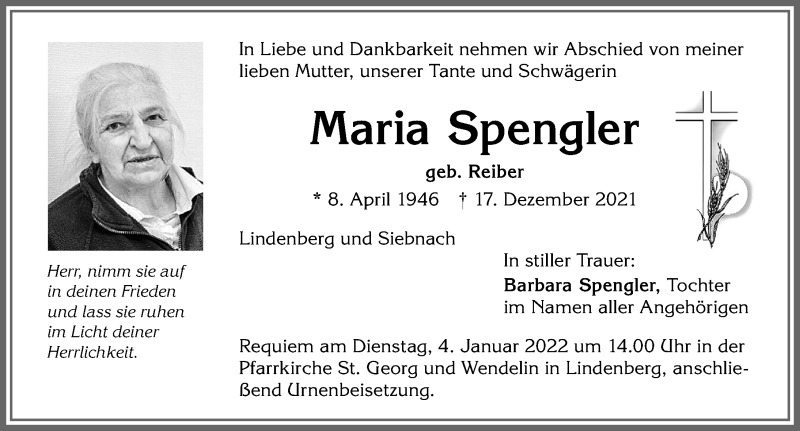 Traueranzeige von Maria Spengler von Allgäuer Zeitung, Kaufbeuren/Buchloe