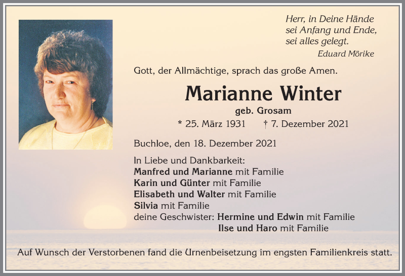 Traueranzeige von Marianne Winter von Allgäuer Zeitung, Kaufbeuren/Buchloe