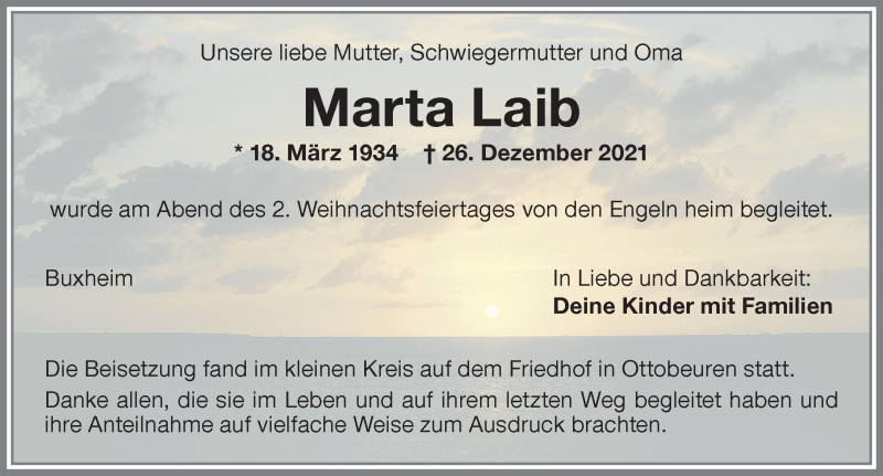 Traueranzeige von Marta Laib von Memminger Zeitung