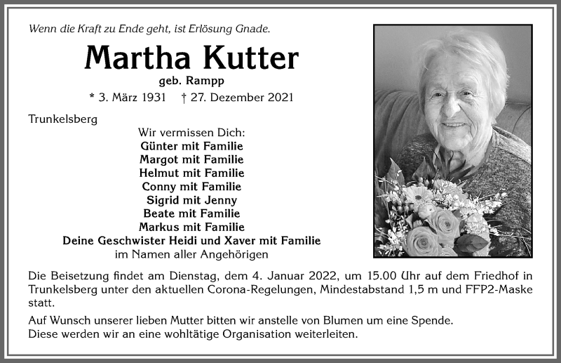 Traueranzeige von Martha Kutter von Memminger Zeitung