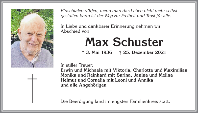 Traueranzeige von Max Schuster von Allgäuer Zeitung, Kaufbeuren/Buchloe