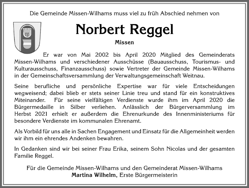 Traueranzeige von Norbert Reggel von Allgäuer Anzeigeblatt