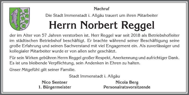 Traueranzeige von Norbert Reggel von Allgäuer Anzeigeblatt