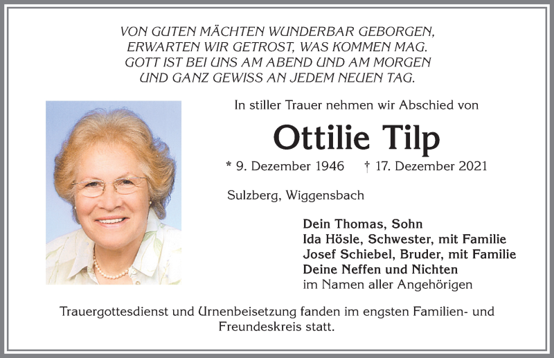 Traueranzeige von Ottilie Tilp von Allgäuer Zeitung,Kempten