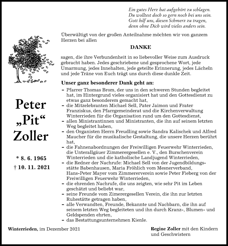 Traueranzeige von Peter  Zoller von Memminger Zeitung