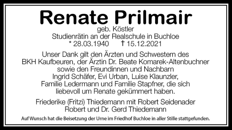 Traueranzeige von Renate Prilmair von Allgäuer Zeitung, Kaufbeuren/Buchloe