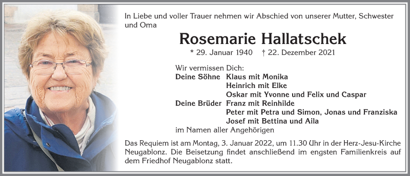 Traueranzeige von Rosemarie Hallatschek von Allgäuer Zeitung, Kaufbeuren/Buchloe