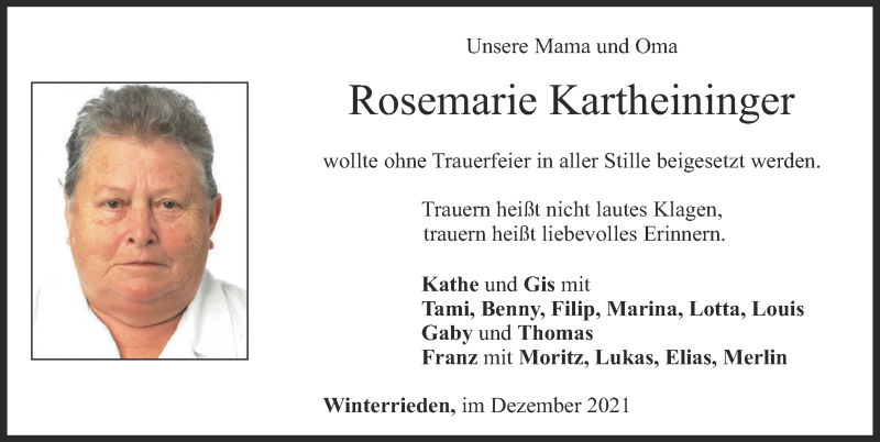 Traueranzeige von Rosemarie Kartheininger von Memminger Zeitung