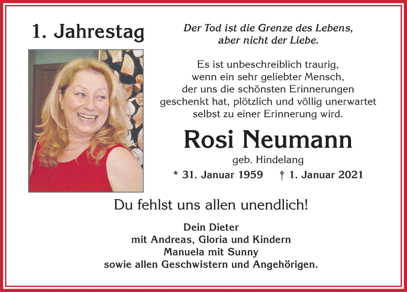 Traueranzeige von Rosi Neumann von Allgäuer Zeitung, Kaufbeuren/Buchloe