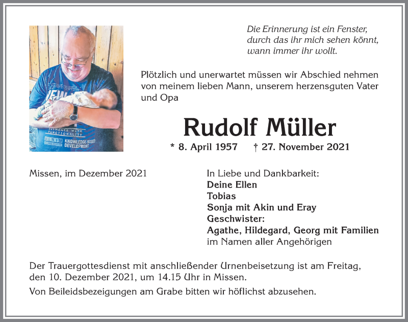 Traueranzeige von Rudolf Müller von Allgäuer Anzeigeblatt