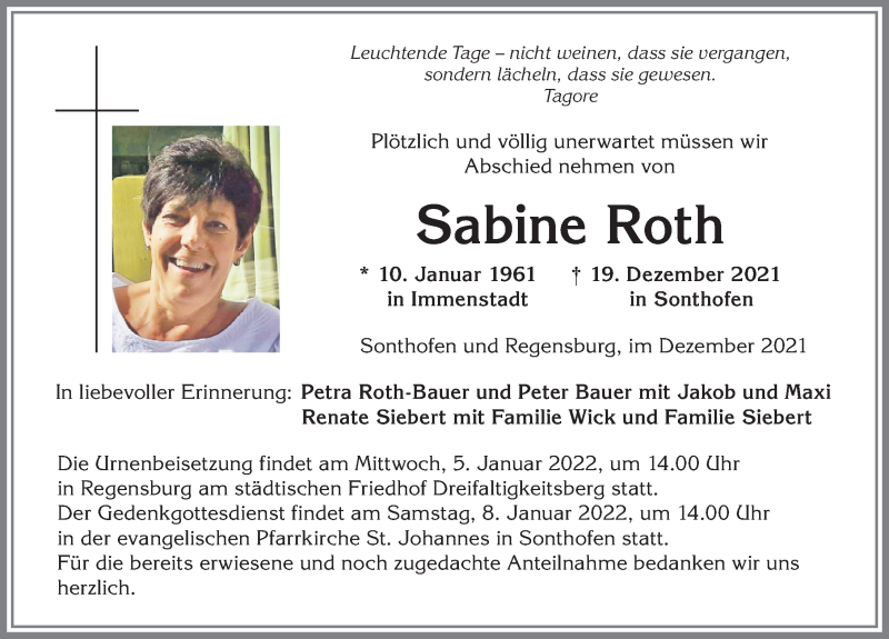 Traueranzeige von Sabine Roth von Allgäuer Anzeigeblatt