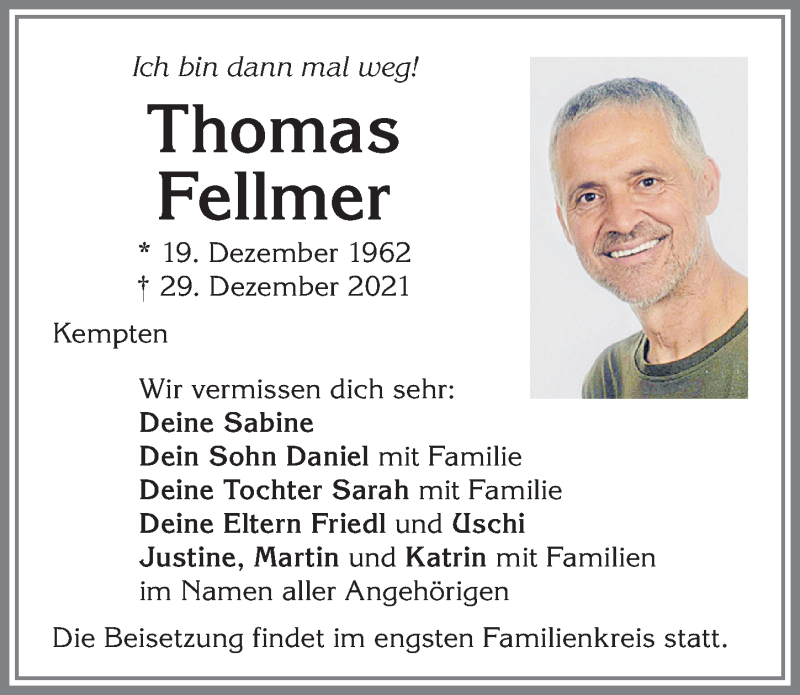 Traueranzeige von Thomas Fellmer von Allgäuer Zeitung,Kempten