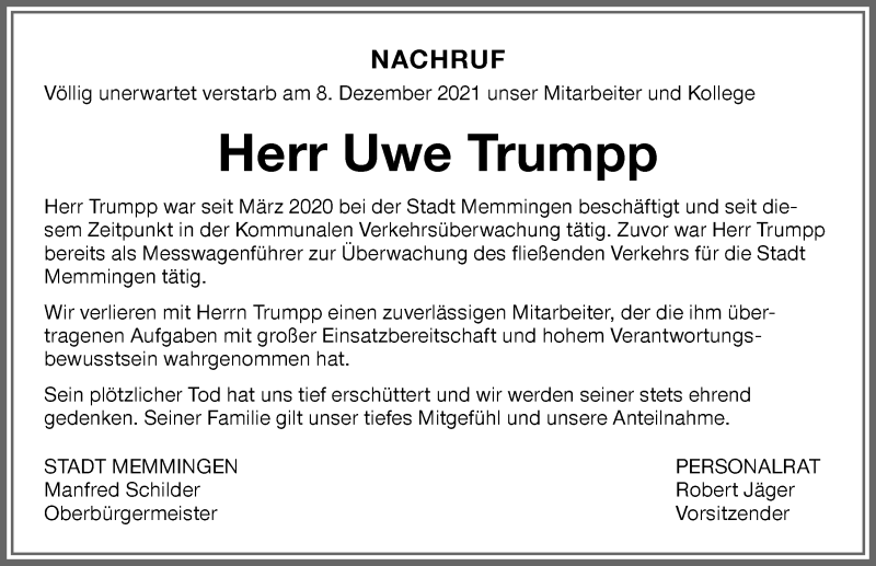 Traueranzeige von Uwe Trumpp von Memminger Zeitung