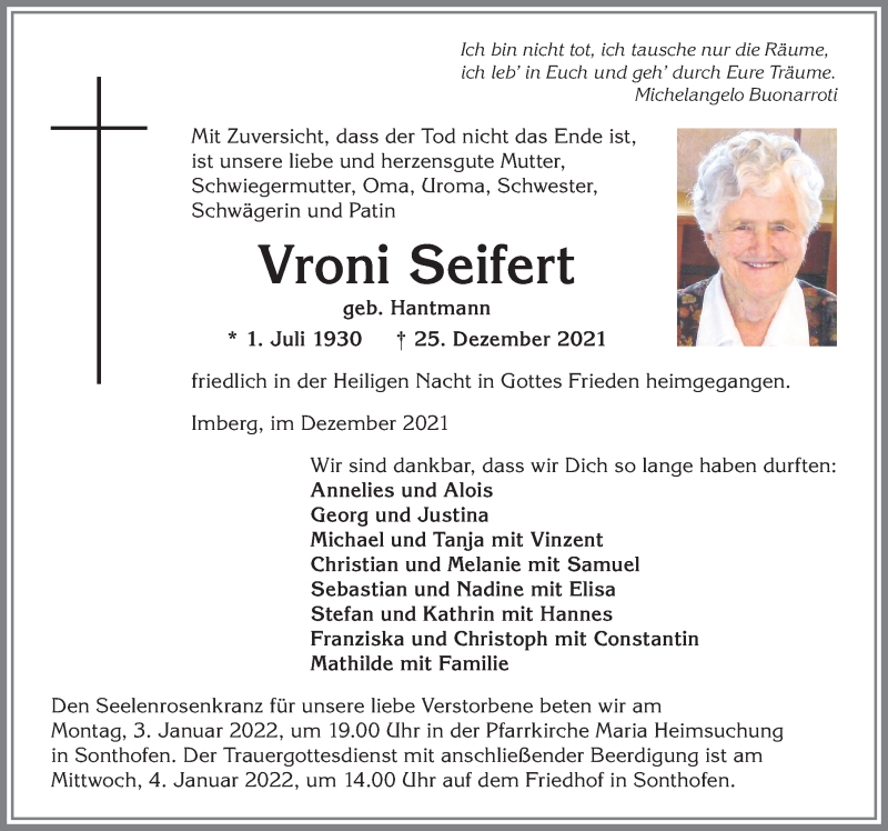 Traueranzeige von Vroni Seifert von Allgäuer Anzeigeblatt