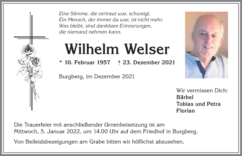 Traueranzeige von Wilhelm Welser von Allgäuer Anzeigeblatt