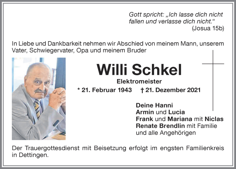 Traueranzeige von Willi Schkel von Memminger Zeitung