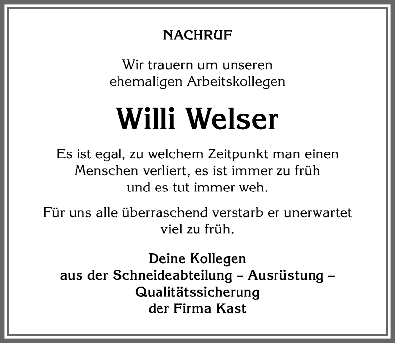 Traueranzeige von Willi Welser von Allgäuer Anzeigeblatt