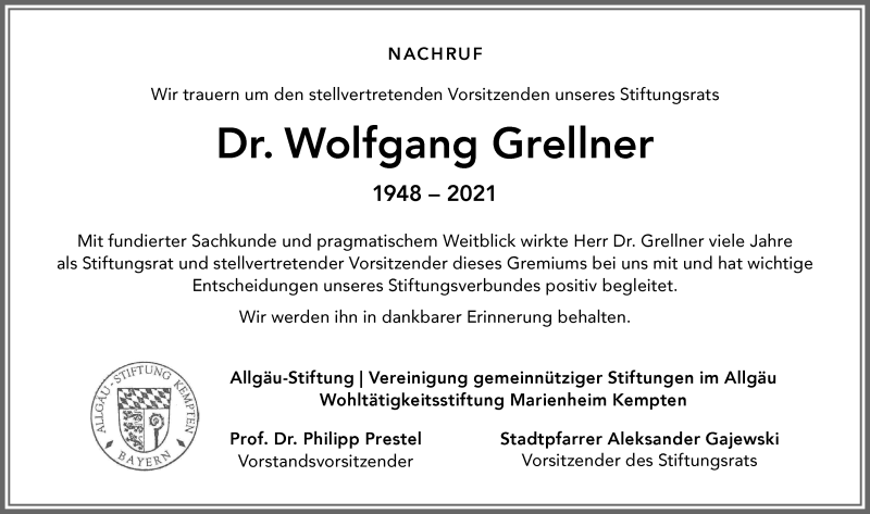 Traueranzeige von Wolfgang Grellner von Allgäuer Zeitung,Kempten