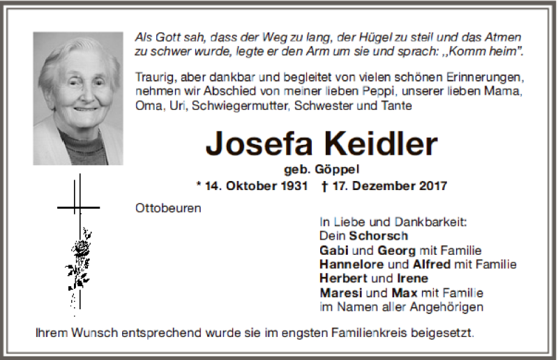 Traueranzeige von Josefa Keidler  