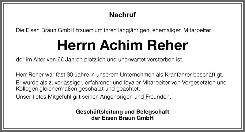 Traueranzeige von Achim Reher von Memminger Zeitung