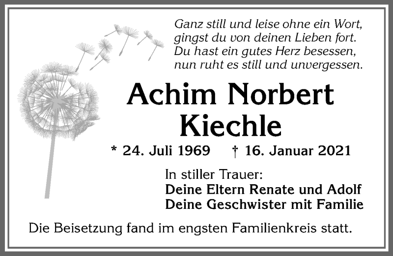 Traueranzeige von Achim Norbert Kiechle von Allgäuer Zeitung,Kempten