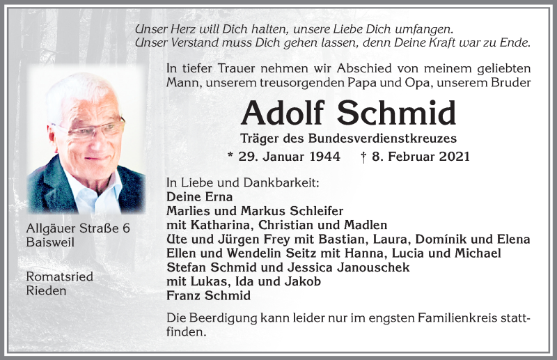 Traueranzeige von Adolf Schmid von Allgäuer Zeitung