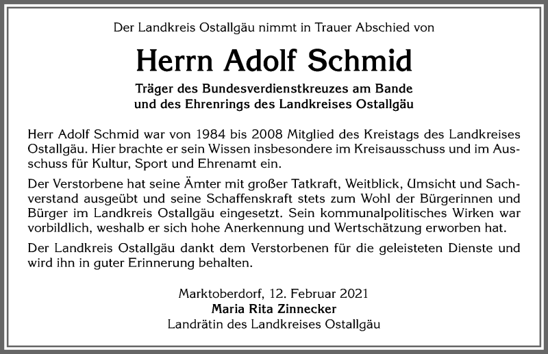 Traueranzeige von Adolf Schmid von Allgäuer Zeitung