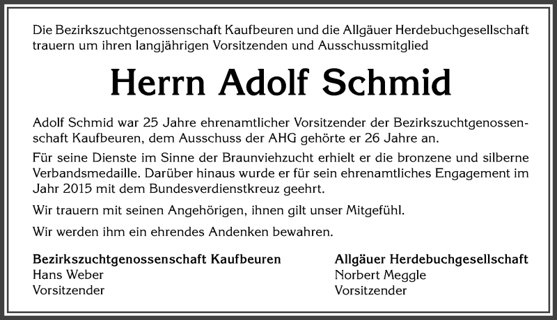 Traueranzeige von Adolf Schmid von Allgäuer Zeitung, Kaufbeuren/Buchloe