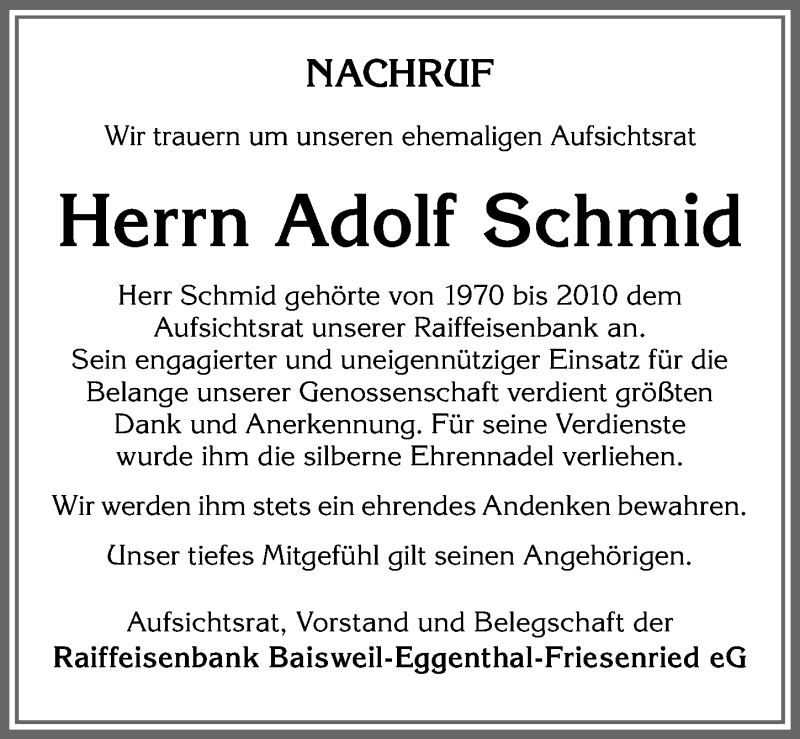 Traueranzeige von Adolf Schmid von Allgäuer Zeitung, Kaufbeuren/Buchloe