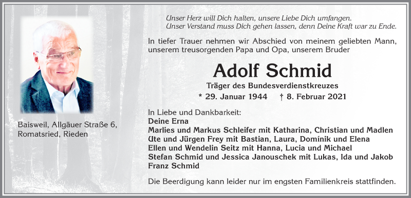 Traueranzeige von Adolf Schmid von Allgäuer Zeitung, Kaufbeuren/Buchloe