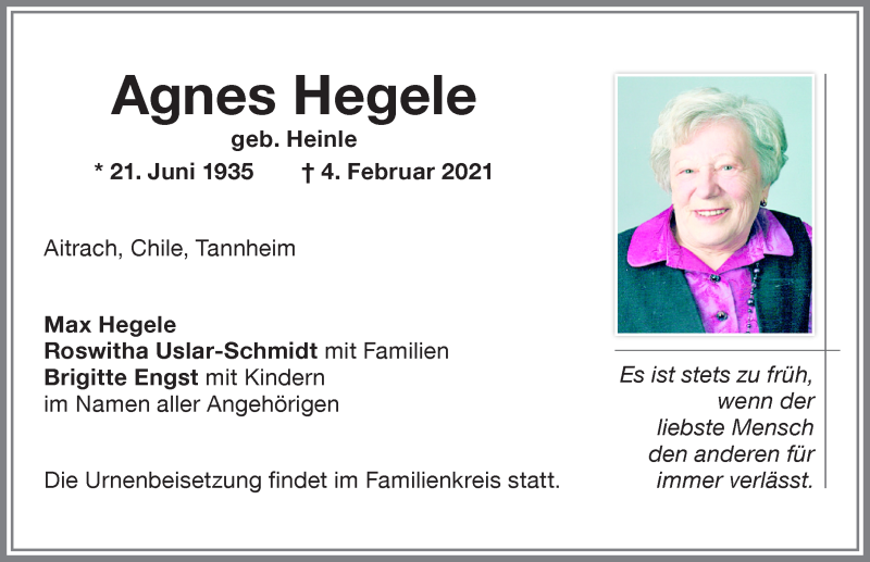 Traueranzeige von Agnes Hegele von Memminger Zeitung