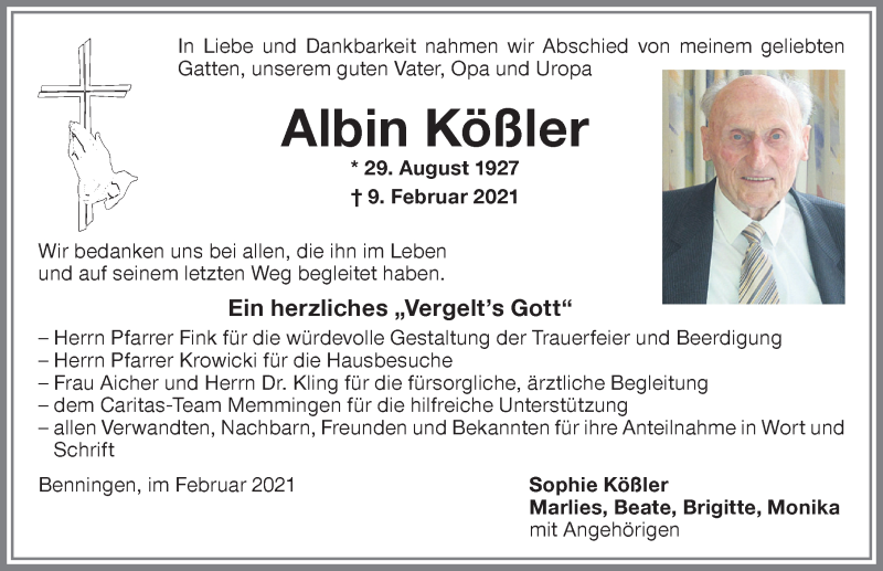 Traueranzeige von Albin Kößler von Memminger Zeitung