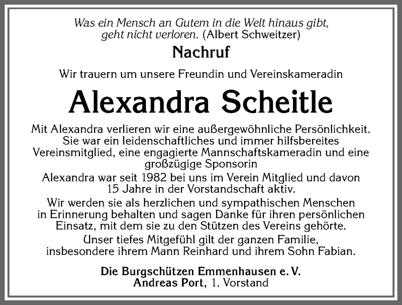 Traueranzeige von Alexandra Scheitle von Allgäuer Zeitung, Kaufbeuren/Buchloe