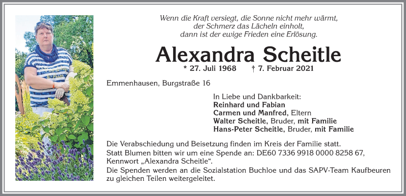 Traueranzeige von Alexandra Scheitle von Allgäuer Zeitung, Kaufbeuren/Buchloe