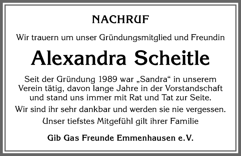 Traueranzeige von Alexandra Scheitle von Allgäuer Zeitung, Kaufbeuren/Buchloe