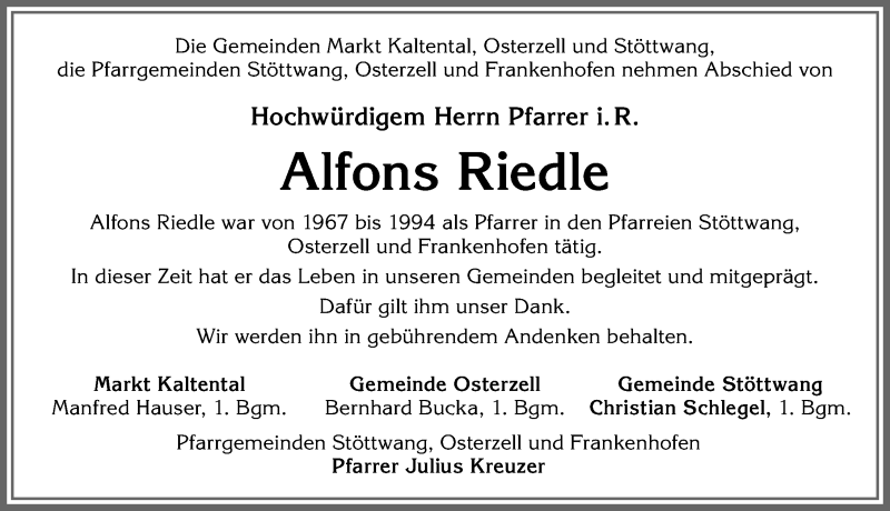 Traueranzeige von Alfons Riedle von Allgäuer Zeitung, Kaufbeuren/Buchloe