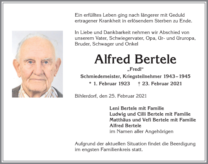 Traueranzeige von Alfred Bertele von Allgäuer Anzeigeblatt