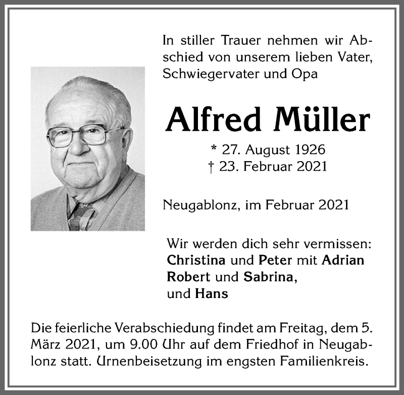 Traueranzeige von Alfred Müller von Allgäuer Zeitung, Kaufbeuren/Buchloe