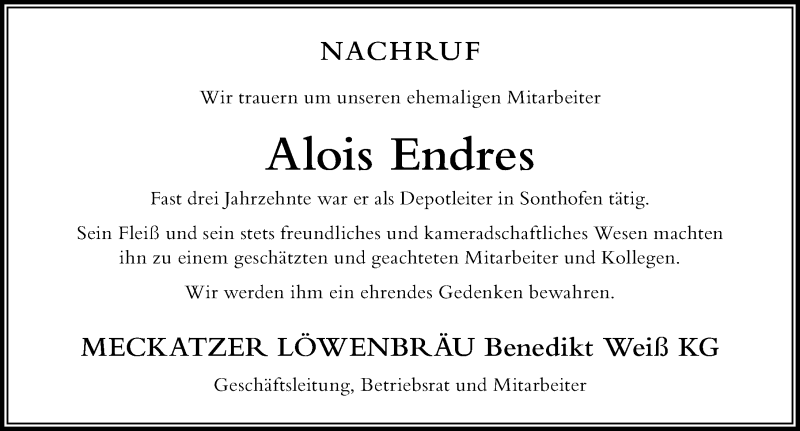 Traueranzeige von Alois Endres von Allgäuer Zeitung,Kempten