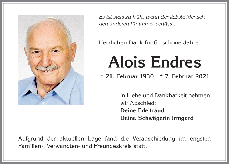 Traueranzeige von Alois Endres von Allgäuer Zeitung,Kempten