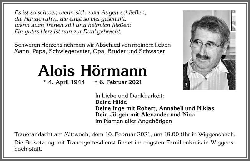 Traueranzeige von Alois Hörmann von Allgäuer Zeitung,Kempten