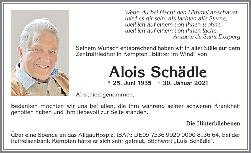 Traueranzeige von Alois Schädle von Allgäuer Zeitung,Kempten
