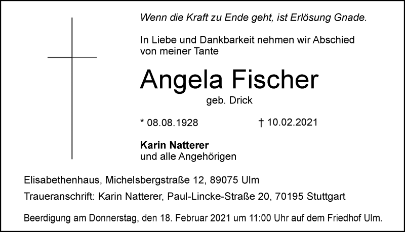 Traueranzeige von Angela Fischer von Memminger Zeitung