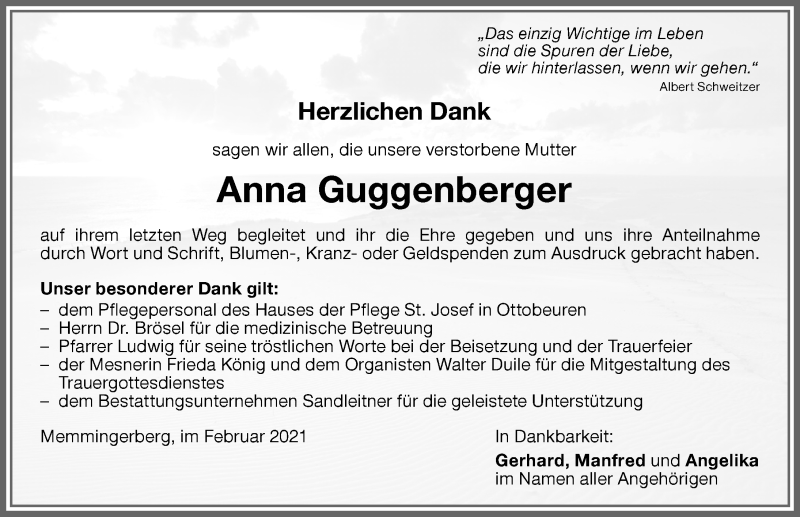 Traueranzeige von Anna Guggenberger von Memminger Zeitung