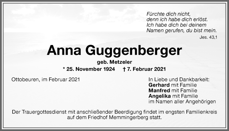 Traueranzeige von Anna Guggenberger von Memminger Zeitung